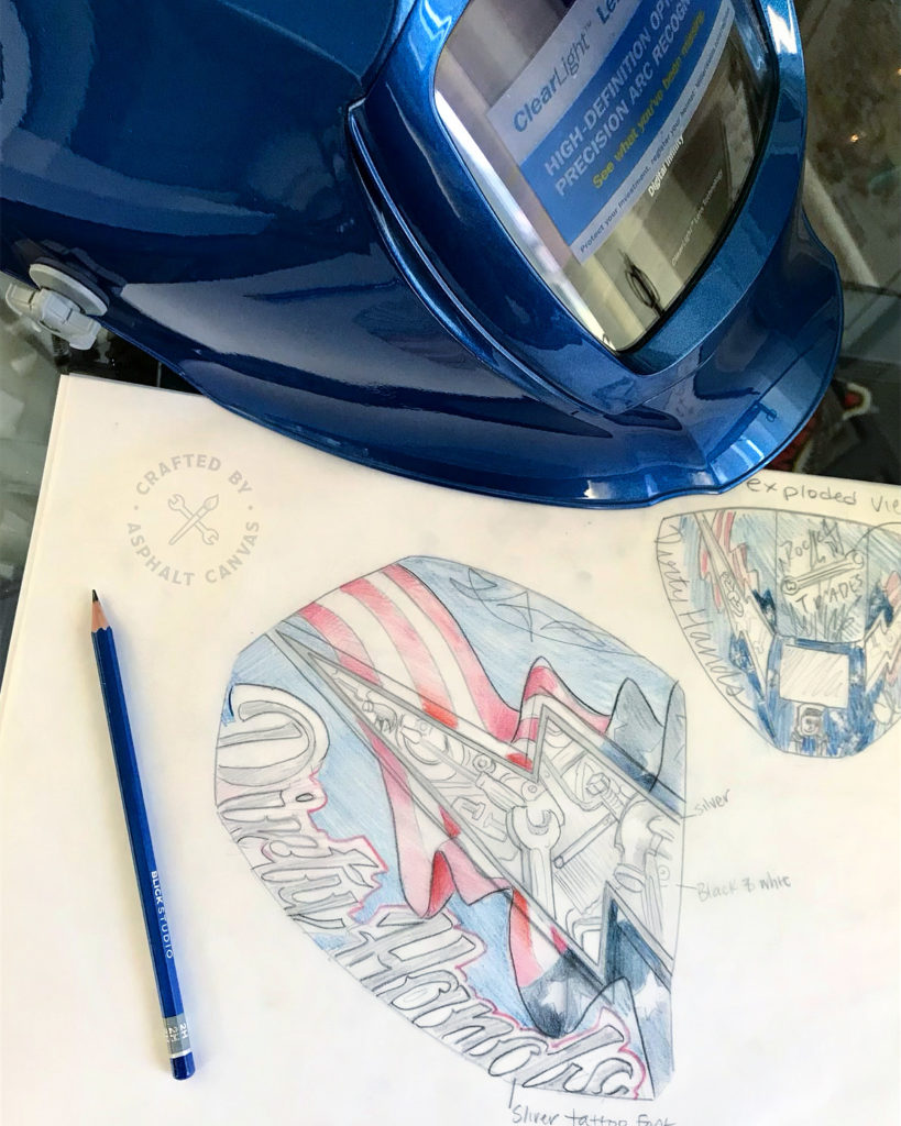 Sketches for the Rock the Trades Welding Hood by Kate Cook 