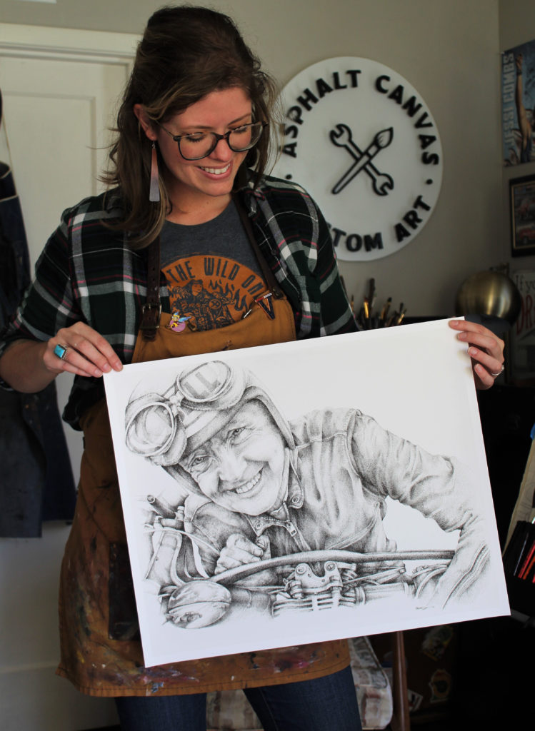 Kate Cook with her portrait of Burt Munro