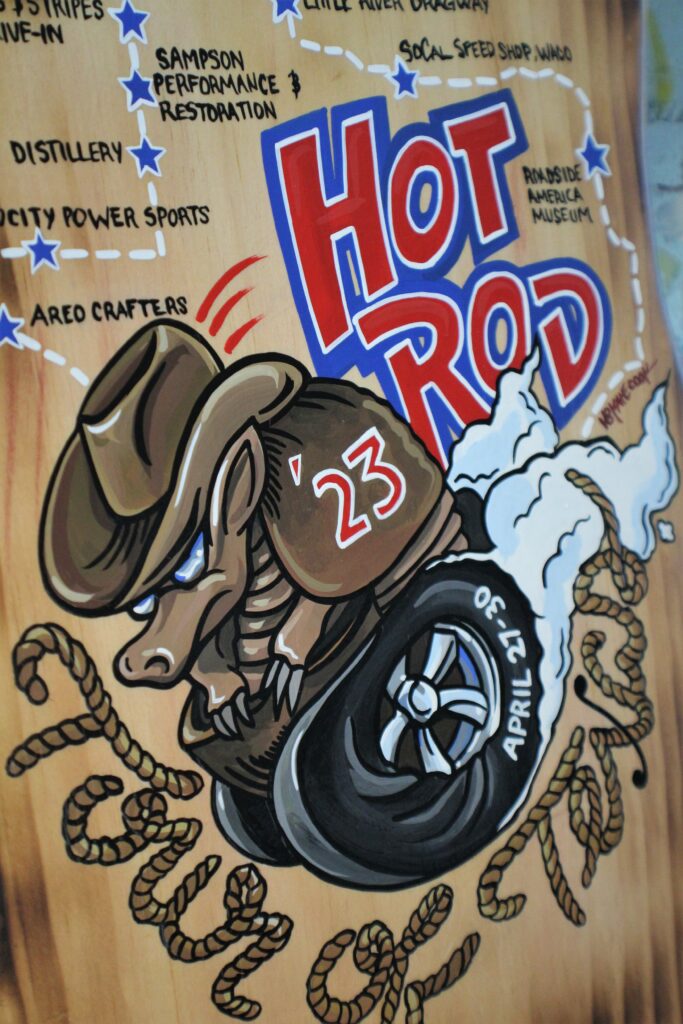 Hot Rod Tour of Texas painting by Kate Cook with Asphalt Canvas