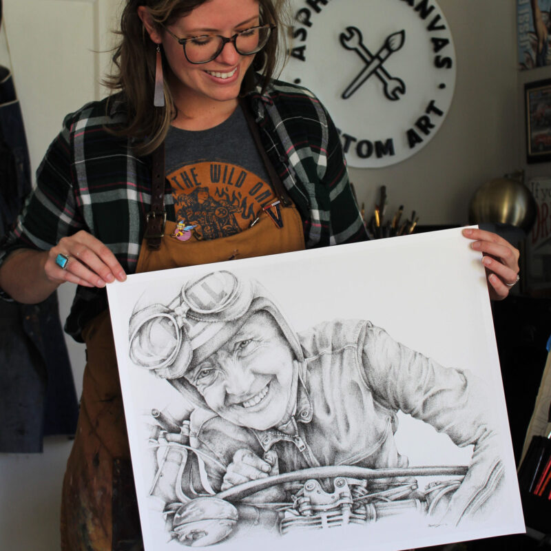 Kate Cook with her portrait of Burt Munro