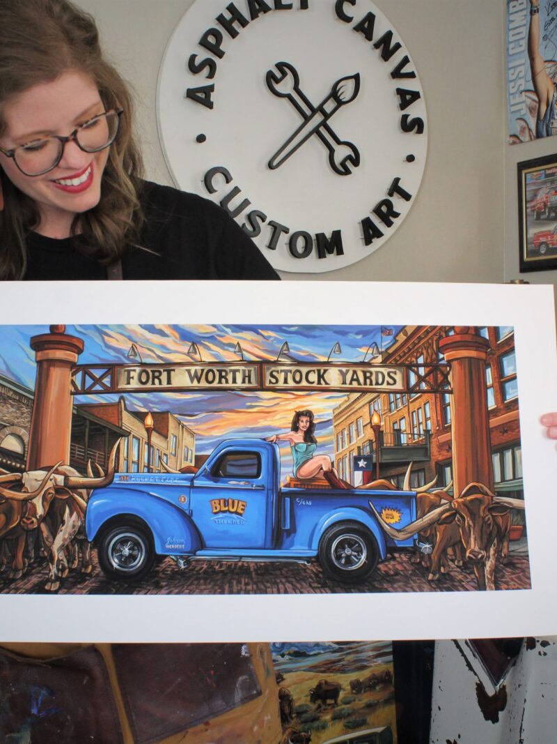 Kate Cook with her newest limited edition print of the Fort Worth Stockyards