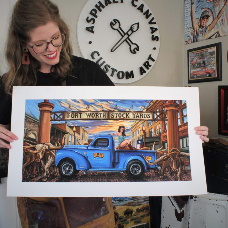 Kate Cook with her newest limited edition print of the Fort Worth Stockyards