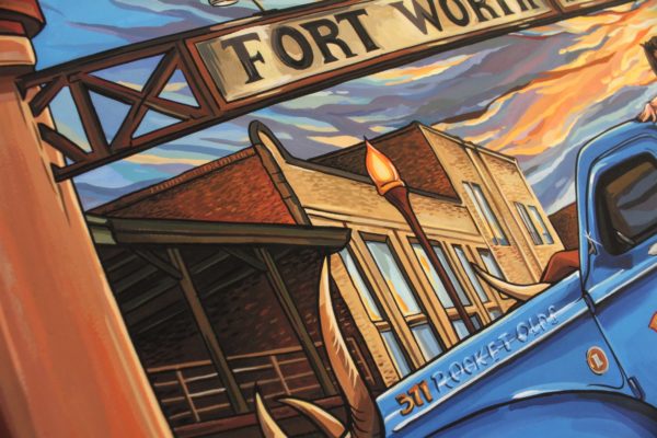 Detail of the limited edition print of the "Fort Worth Stockyards" in the "She's Been Everywhere, Man!" Collection by Kate Cook.