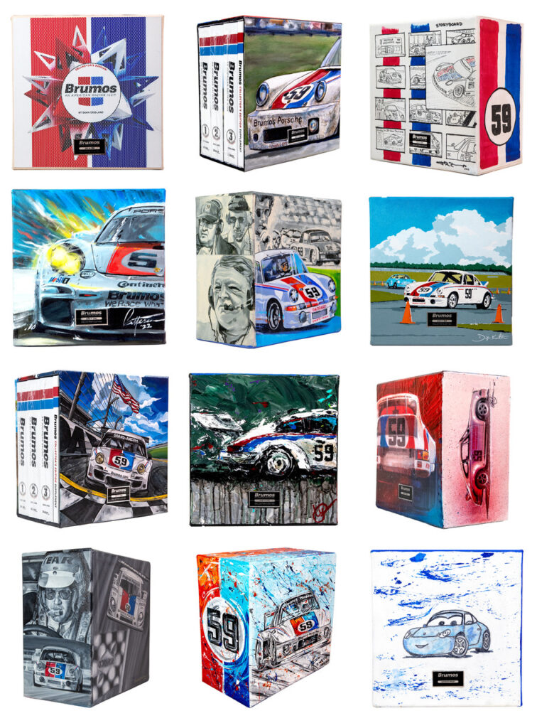 a collage of every artists contribution to Brumos: An American Racing Icon, The Ultimate Artist’s Edition